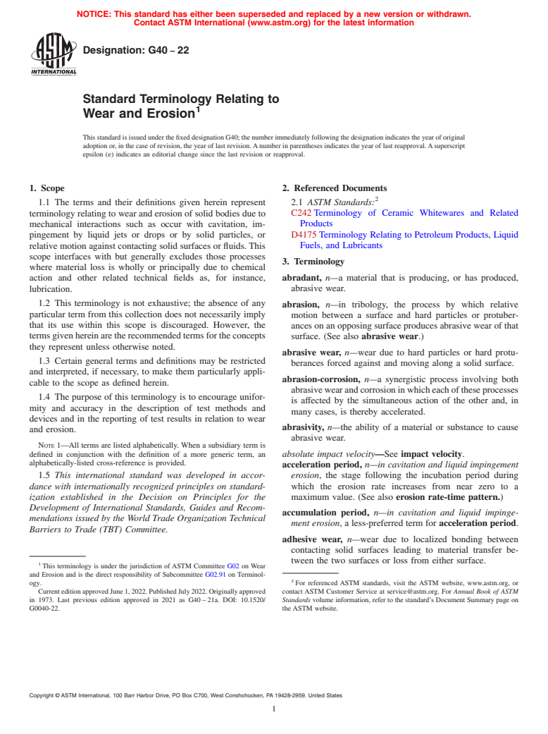 ASTM G40-22 - Standard Terminology Relating to Wear and Erosion