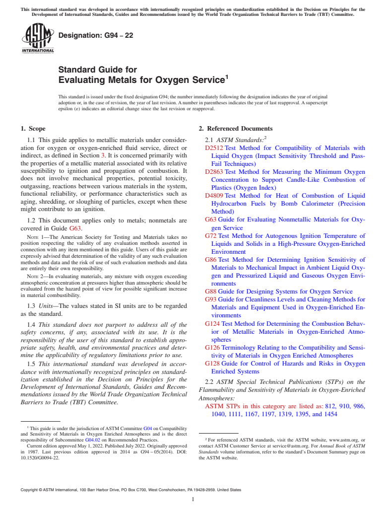 ASTM G94-22 - Standard Guide for  Evaluating Metals for Oxygen Service