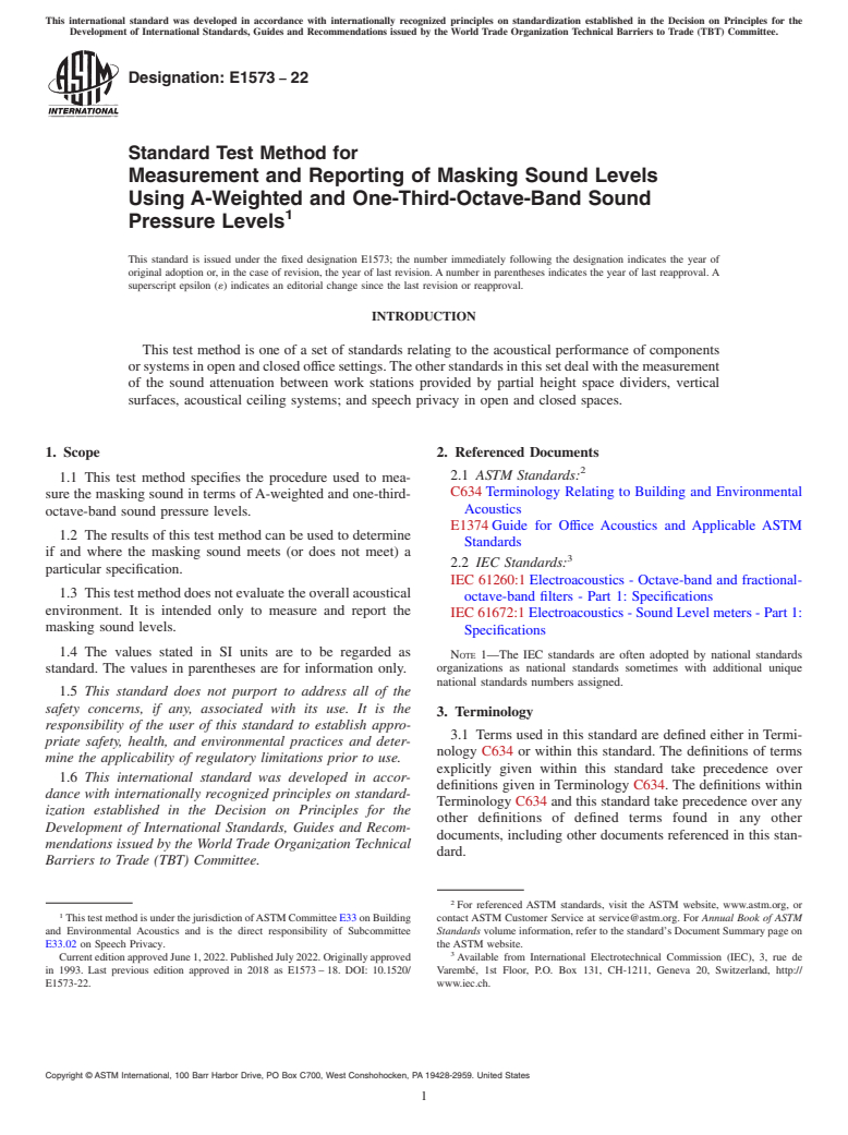 ASTM E1573-22 - Standard Test Method for Measurement and Reporting of Masking Sound Levels Using A-Weighted  and One-Third-Octave-Band Sound Pressure Levels