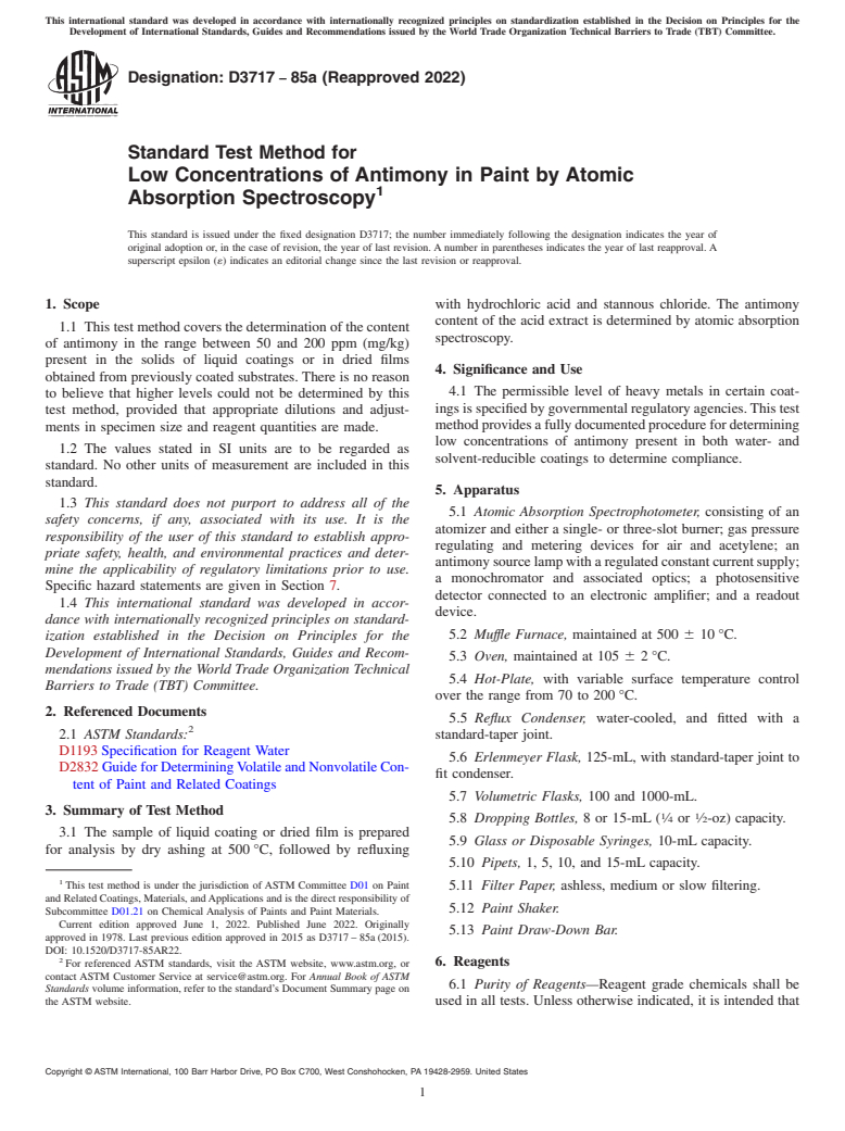 ASTM D3717-85a(2022) - Standard Test Method for Low Concentrations of Antimony in Paint by Atomic Absorption   Spectroscopy