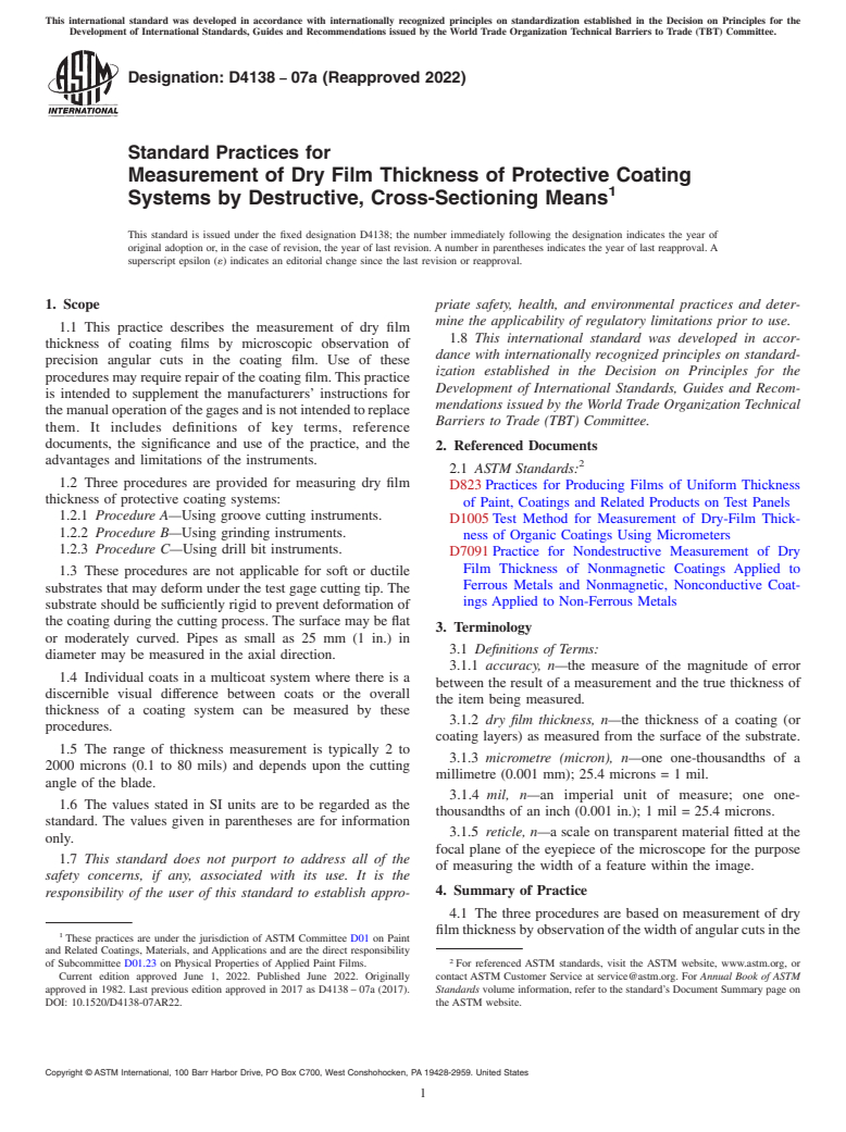 ASTM D4138-07a(2022) - Standard Practices for Measurement of Dry Film Thickness of Protective Coating Systems  by        Destructive, Cross-Sectioning Means