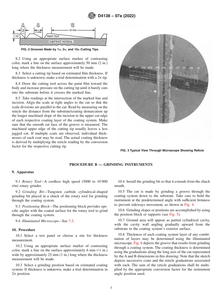 ASTM D4138-07a(2022) - Standard Practices for Measurement of Dry Film Thickness of Protective Coating Systems  by        Destructive, Cross-Sectioning Means