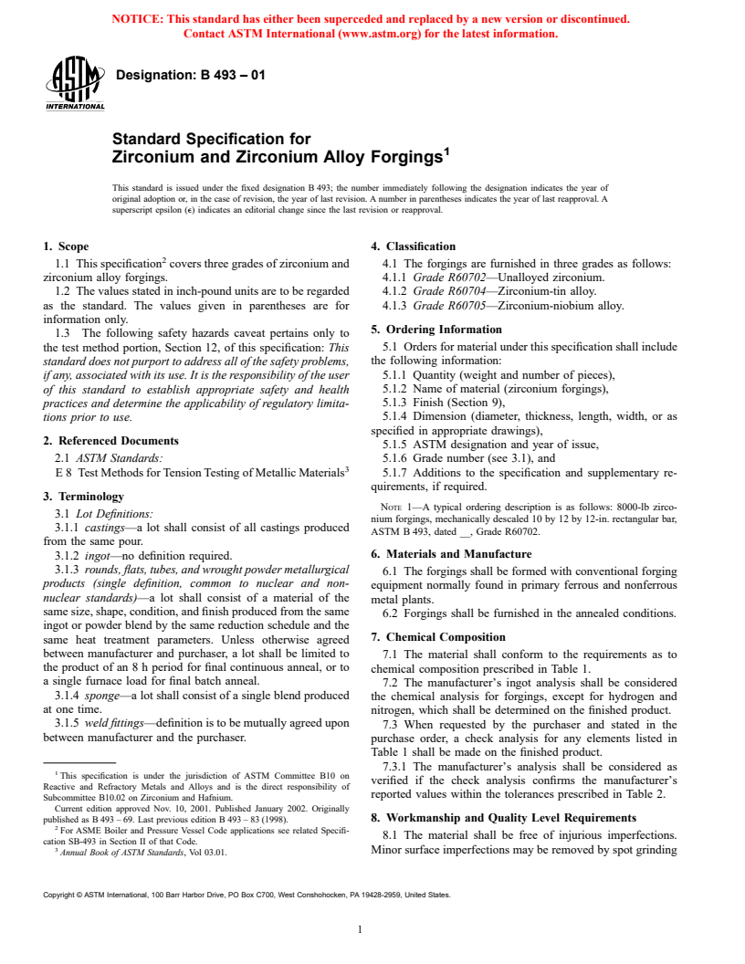 ASTM B493-01 - Standard Specification for Zirconium and Zirconium Alloy Forgings