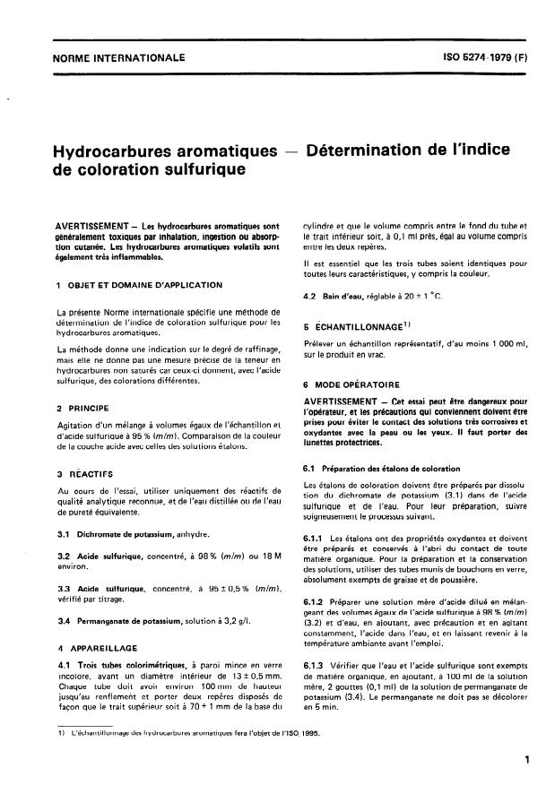 ISO 5274:1979 - Hydrocarbures aromatiques -- Détermination de l'indice de coloration sulfurique