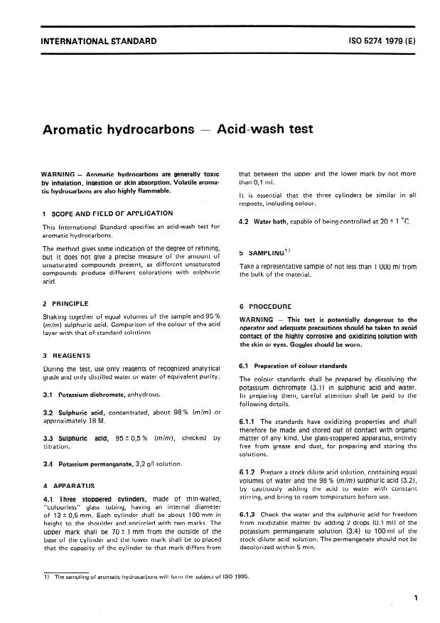 ISO 5274:1979 - Aromatic hydrocarbons -- Acid-wash test