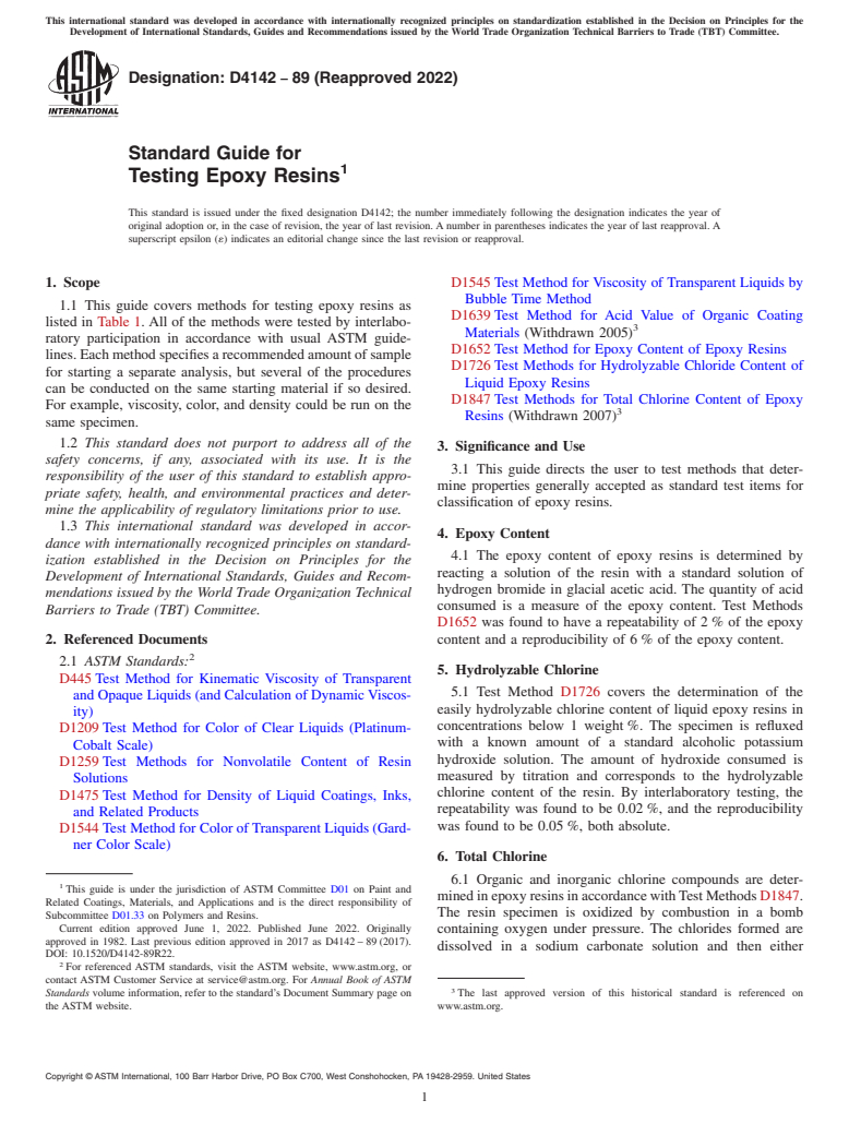 ASTM D4142-89(2022) - Standard Guide for Testing Epoxy Resins