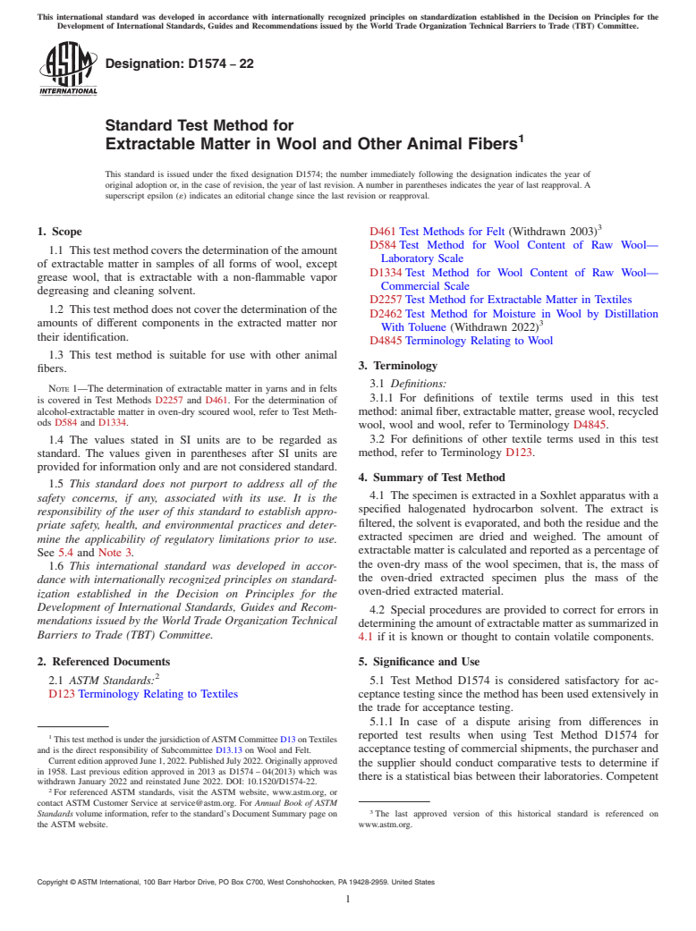 ASTM D1574-22 - Standard Test Method for  Extractable Matter in Wool and Other Animal Fibers
