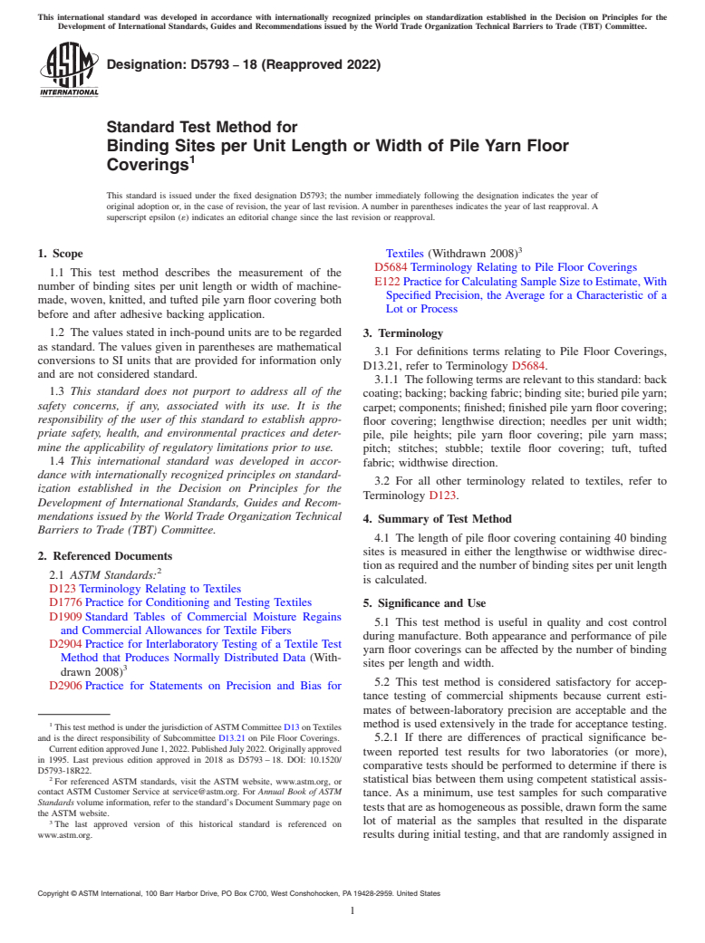ASTM D5793-18(2022) - Standard Test Method for  Binding Sites per Unit Length or Width of Pile Yarn Floor Coverings