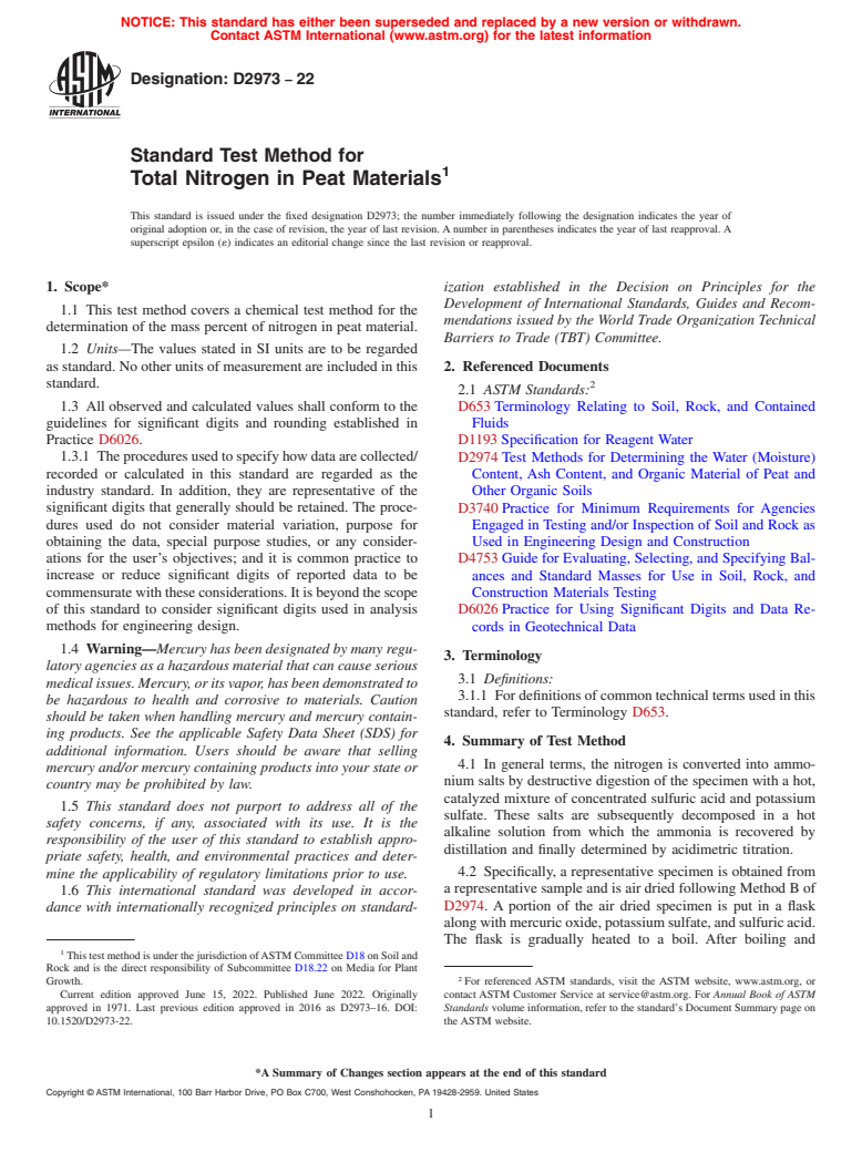 ASTM D2973-22 - Standard Test Method for  Total Nitrogen in Peat Materials