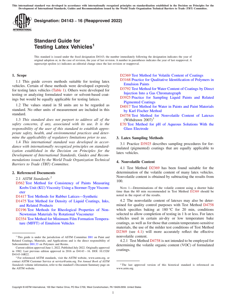 ASTM D4143-16(2022) - Standard Guide for Testing Latex Vehicles