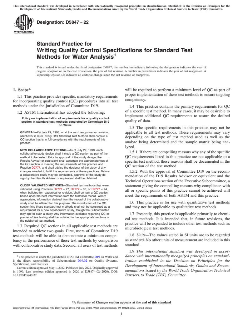 ASTM D5847-22 - Standard Practice for  Writing Quality Control Specifications for Standard Test Methods  for Water Analysis