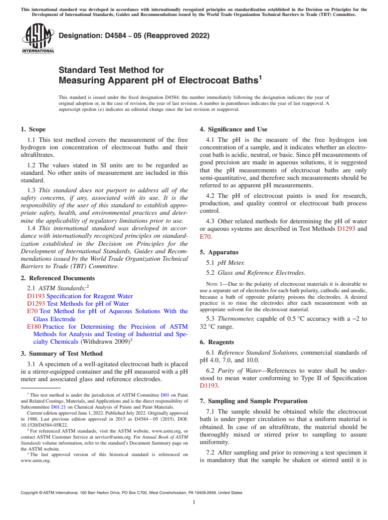 ASTM D4584-05(2022) - Standard Test Method for  Measuring Apparent pH of Electrocoat Baths