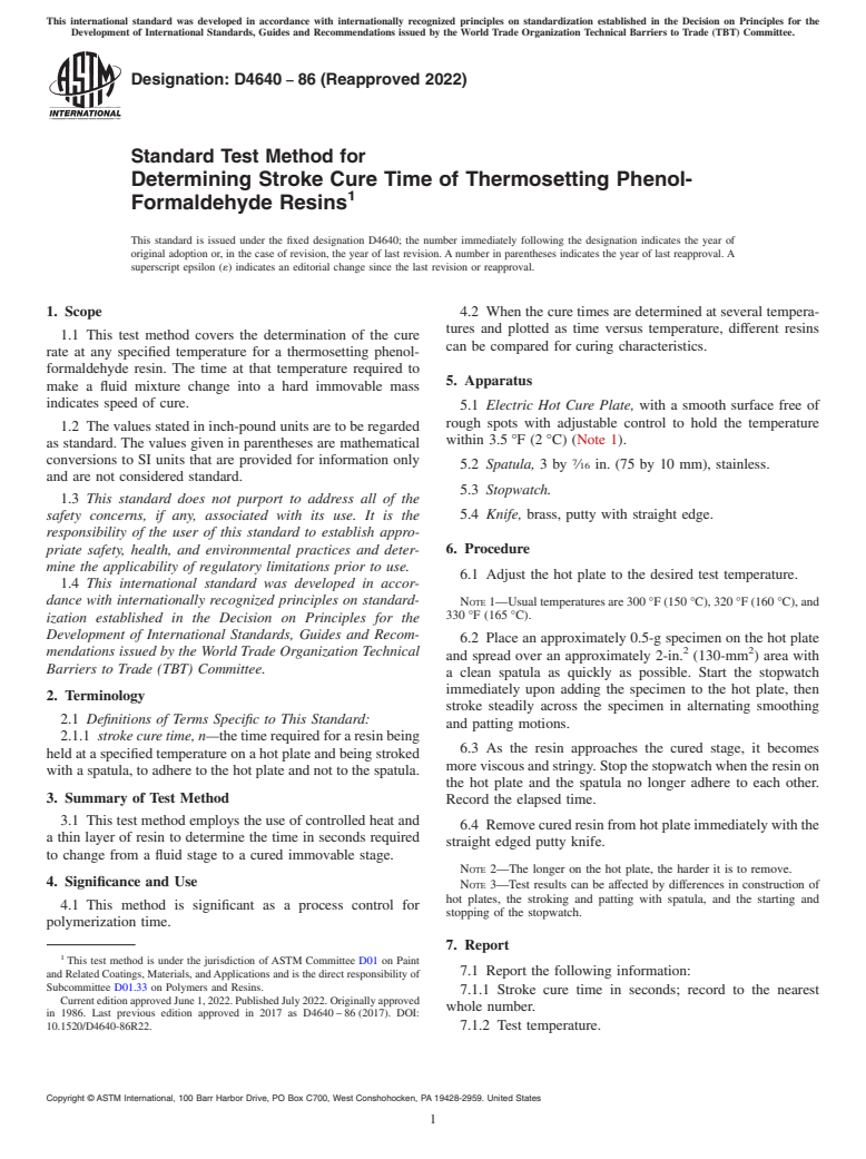 ASTM D4640-86(2022) - Standard Test Method for Determining Stroke Cure Time of Thermosetting Phenol-Formaldehyde   Resins