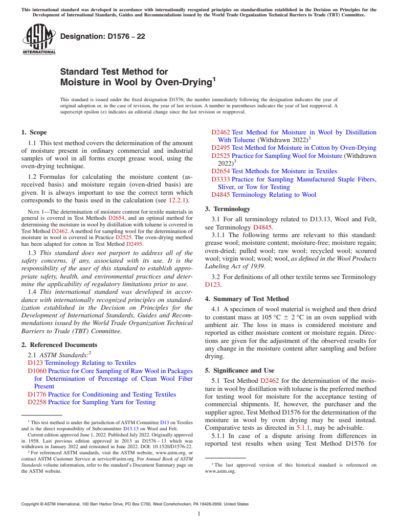 ASTM D1576-22 - Standard Test Method for  Moisture in Wool by Oven-Drying