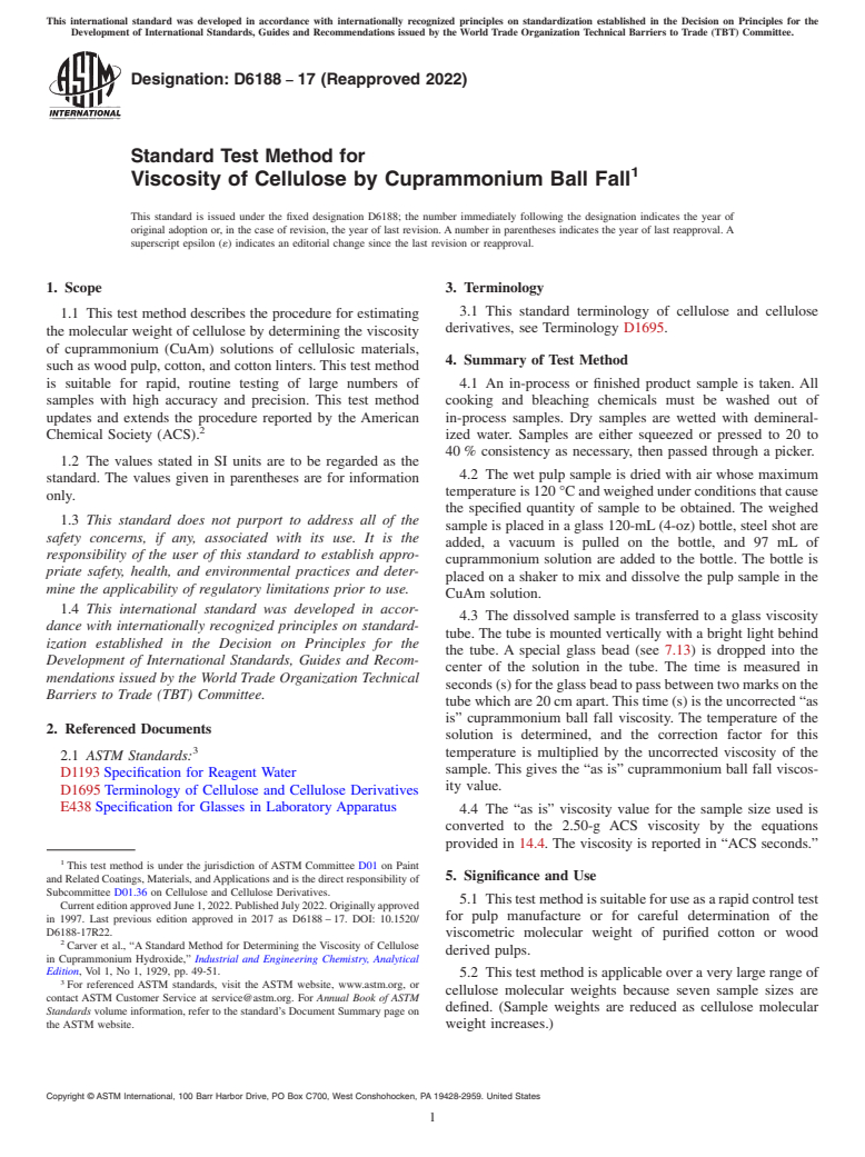 ASTM D6188-17(2022) - Standard Test Method for Viscosity of Cellulose by Cuprammonium Ball Fall