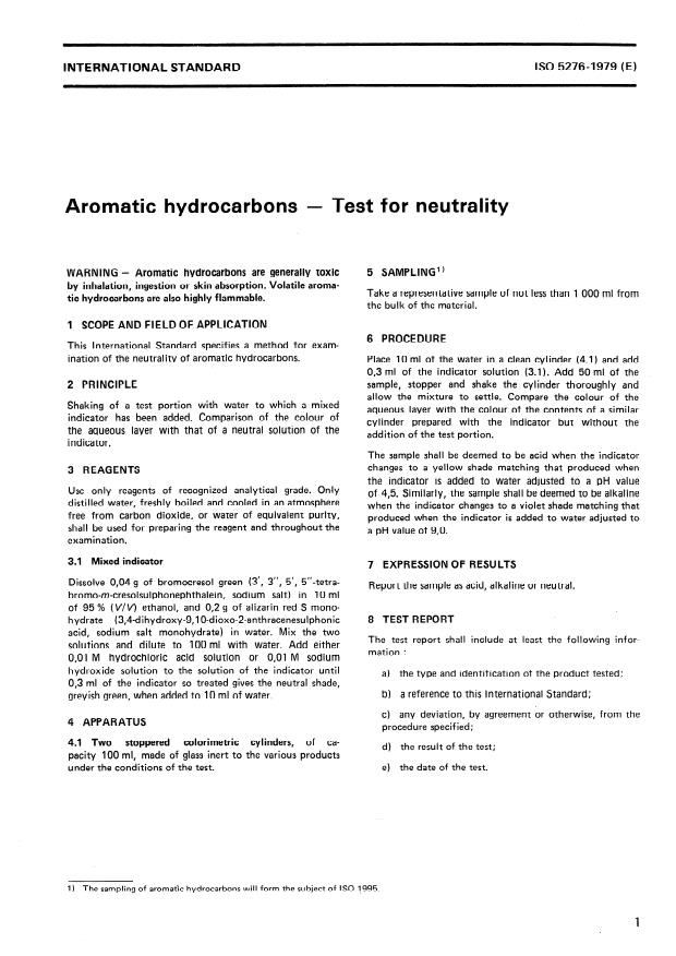 ISO 5276:1979 - Aromatic hydrocarbons -- Test for neutrality