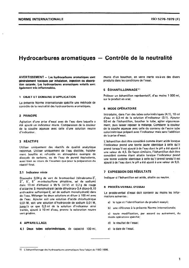 ISO 5276:1979 - Hydrocarbures aromatiques -- Contrôle de la neutralité