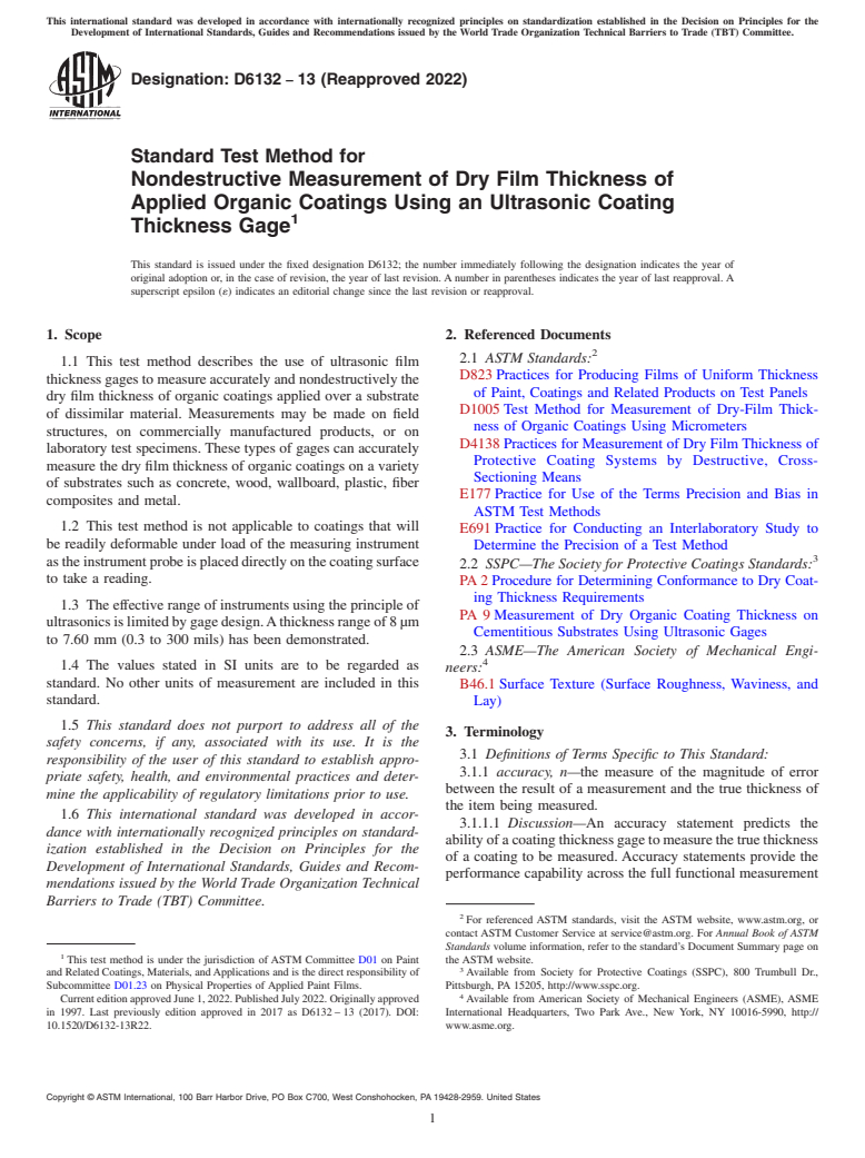 ASTM D6132-13(2022) - Standard Test Method for Nondestructive Measurement of Dry Film Thickness of Applied   Organic     Coatings Using an Ultrasonic Coating Thickness Gage