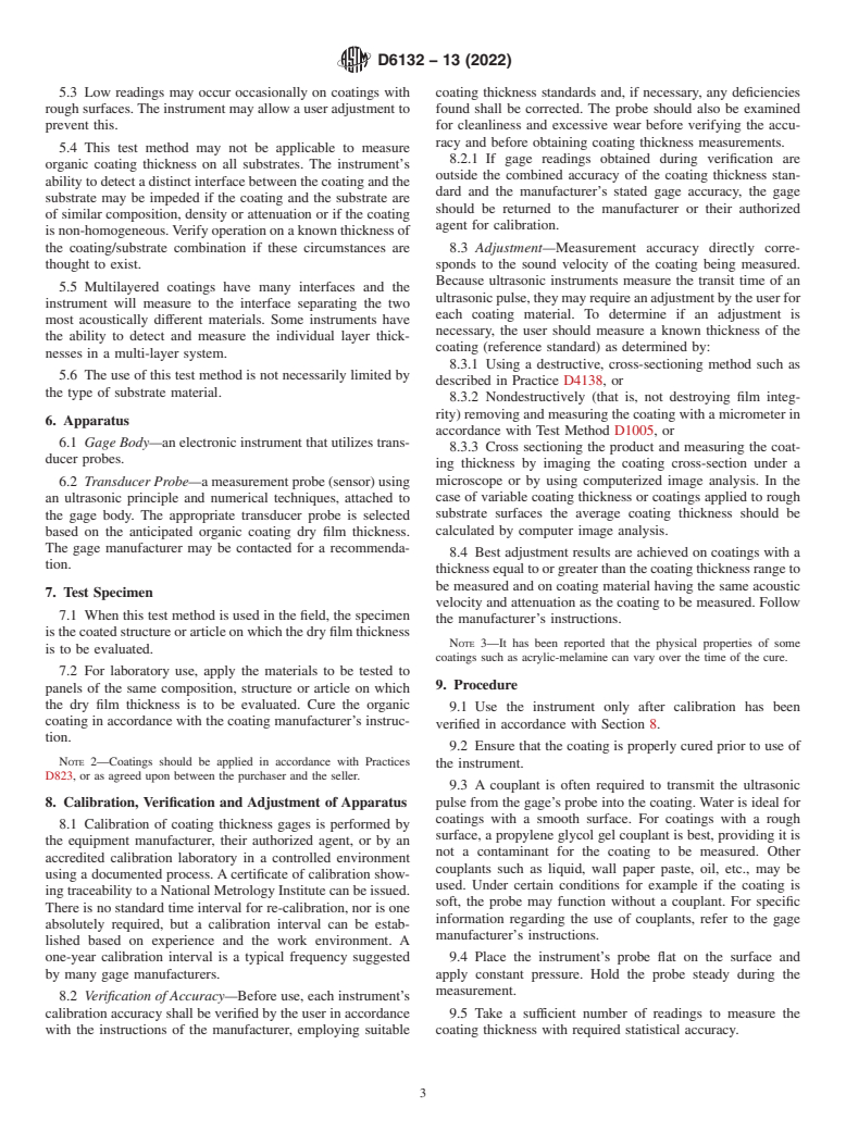 ASTM D6132-13(2022) - Standard Test Method for Nondestructive Measurement of Dry Film Thickness of Applied   Organic     Coatings Using an Ultrasonic Coating Thickness Gage