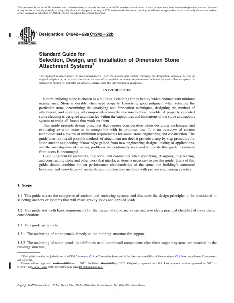 REDLINE ASTM C1242-22b - Standard Guide for  Selection, Design, and Installation of Dimension Stone Attachment  Systems