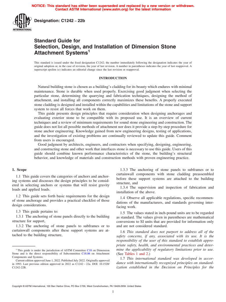 ASTM C1242-22b - Standard Guide for  Selection, Design, and Installation of Dimension Stone Attachment  Systems