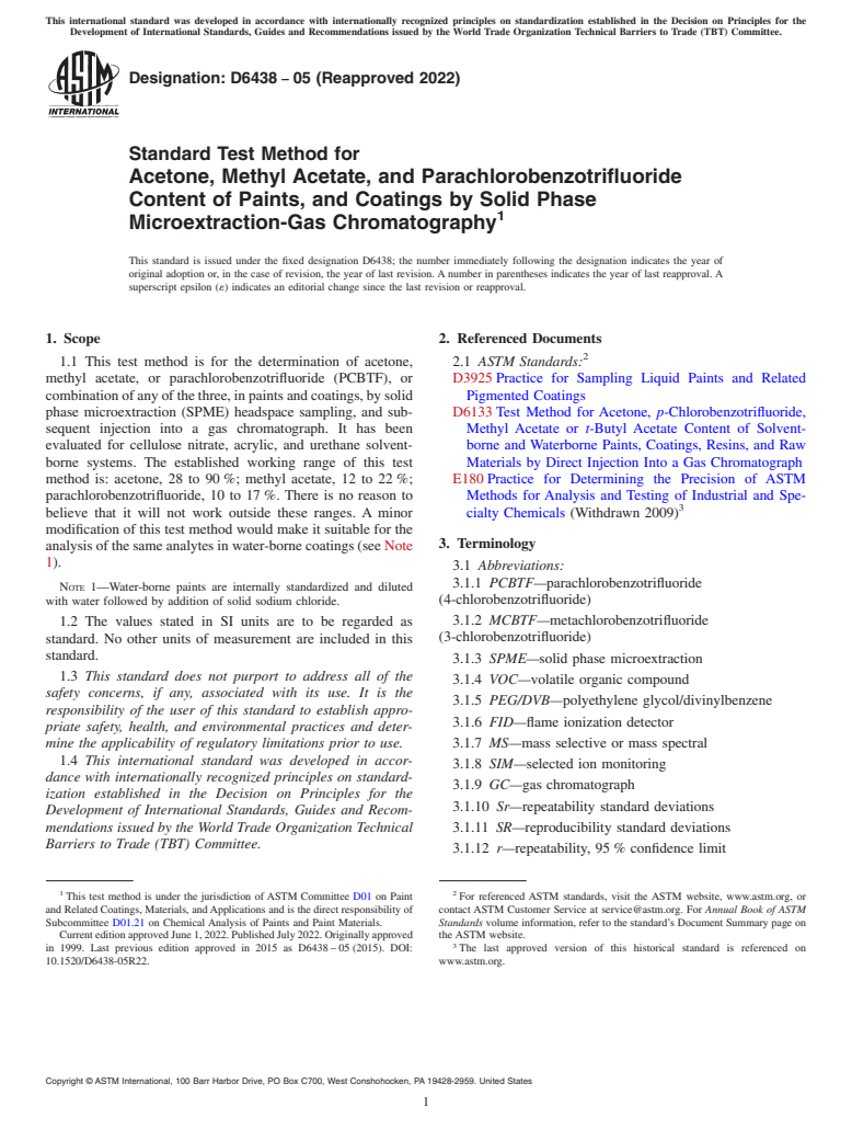 ASTM D6438-05(2022) - Standard Test Method for  Acetone, Methyl Acetate, and Parachlorobenzotrifluoride Content   of  Paints, and Coatings by Solid Phase Microextraction-Gas Chromatography