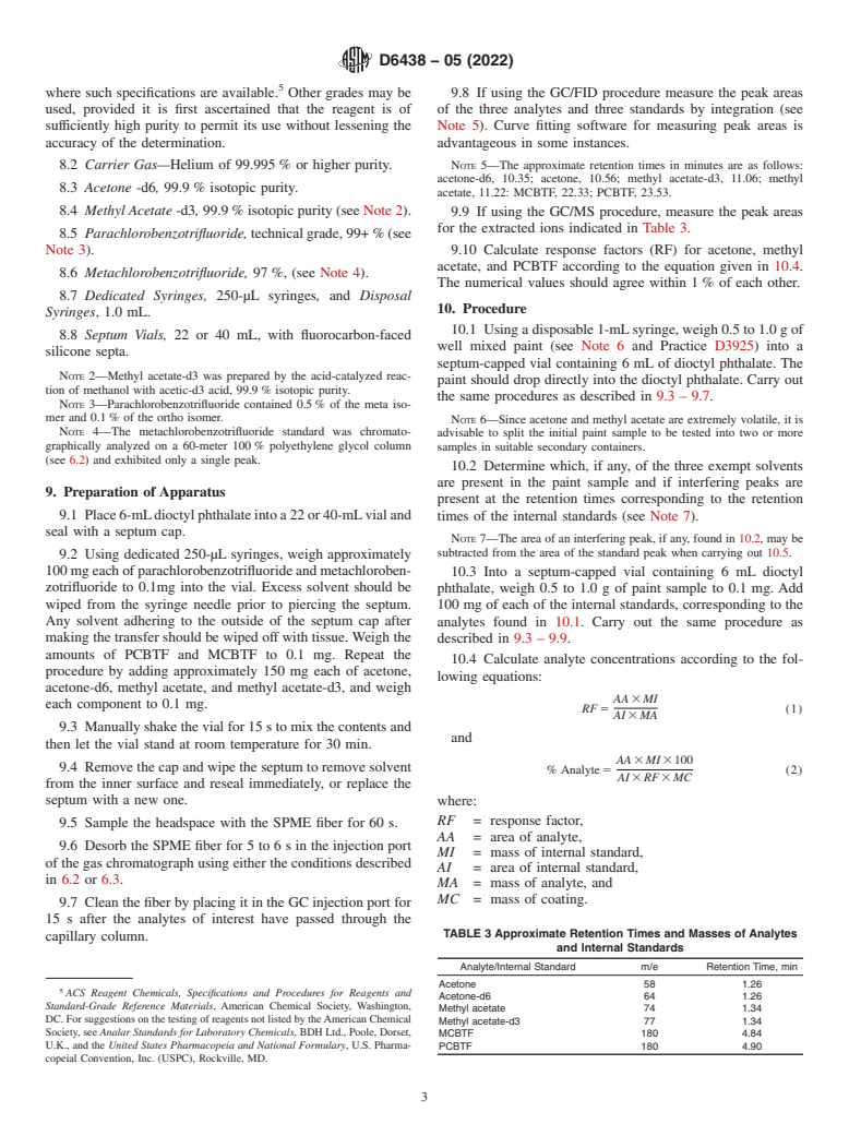 ASTM D6438-05(2022) - Standard Test Method for  Acetone, Methyl Acetate, and Parachlorobenzotrifluoride Content   of  Paints, and Coatings by Solid Phase Microextraction-Gas Chromatography