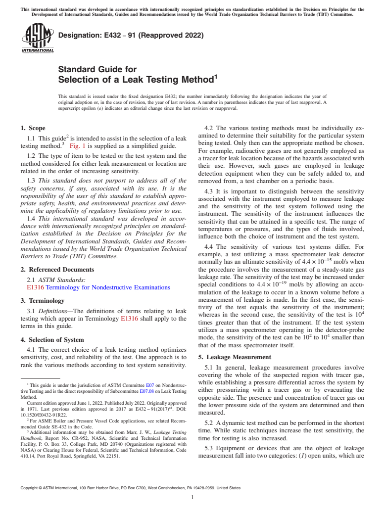 ASTM E432-91(2022) - Standard Guide for  Selection of a Leak Testing Method