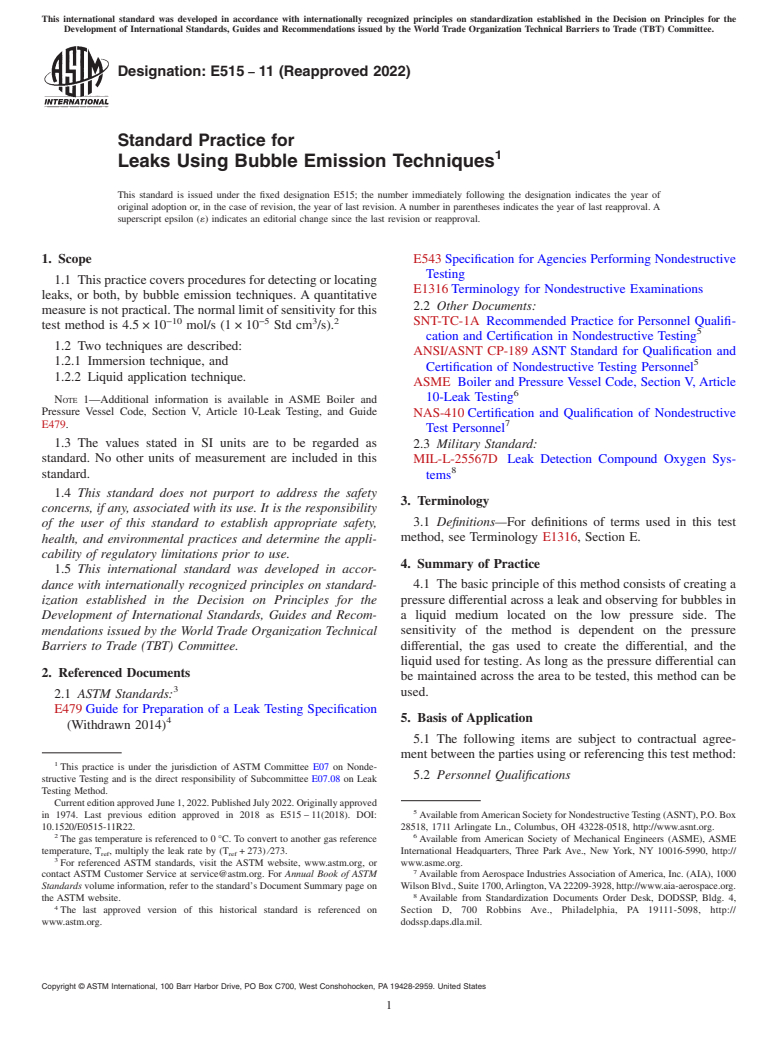 ASTM E515-11(2022) - Standard Practice for  Leaks Using Bubble Emission Techniques