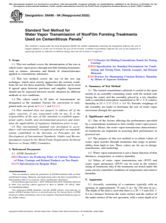 ASTM D6490-99(2022) ASTM D6490-99(2022) - Standard Test Method for Water Vapor Transmission of NonFilm Forming Treatments Used on Cementitious Panels - Page 1 preview