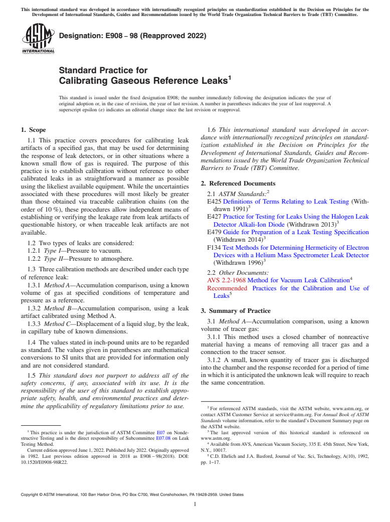 ASTM E908-98(2022) - Standard Practice for  Calibrating Gaseous Reference Leaks