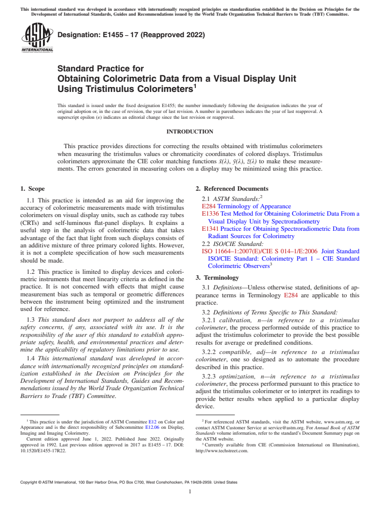 ASTM E1455-17(2022) - Standard Practice for Obtaining Colorimetric Data from a Visual Display Unit Using  Tristimulus Colorimeters