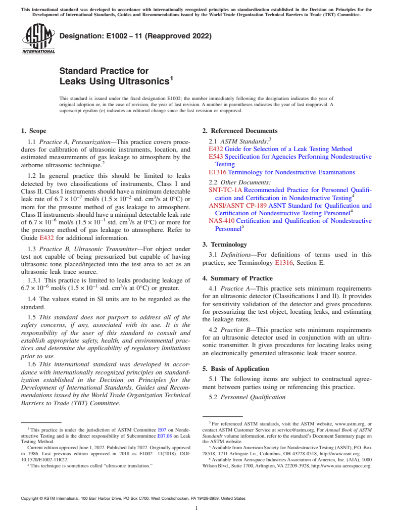 ASTM E1002-11(2022) - Standard Practice for  Leaks Using Ultrasonics