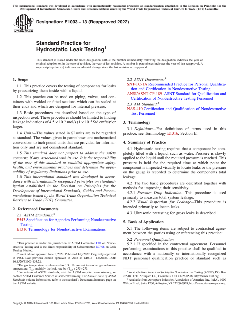 ASTM E1003-13(2022) - Standard Practice for Hydrostatic Leak Testing