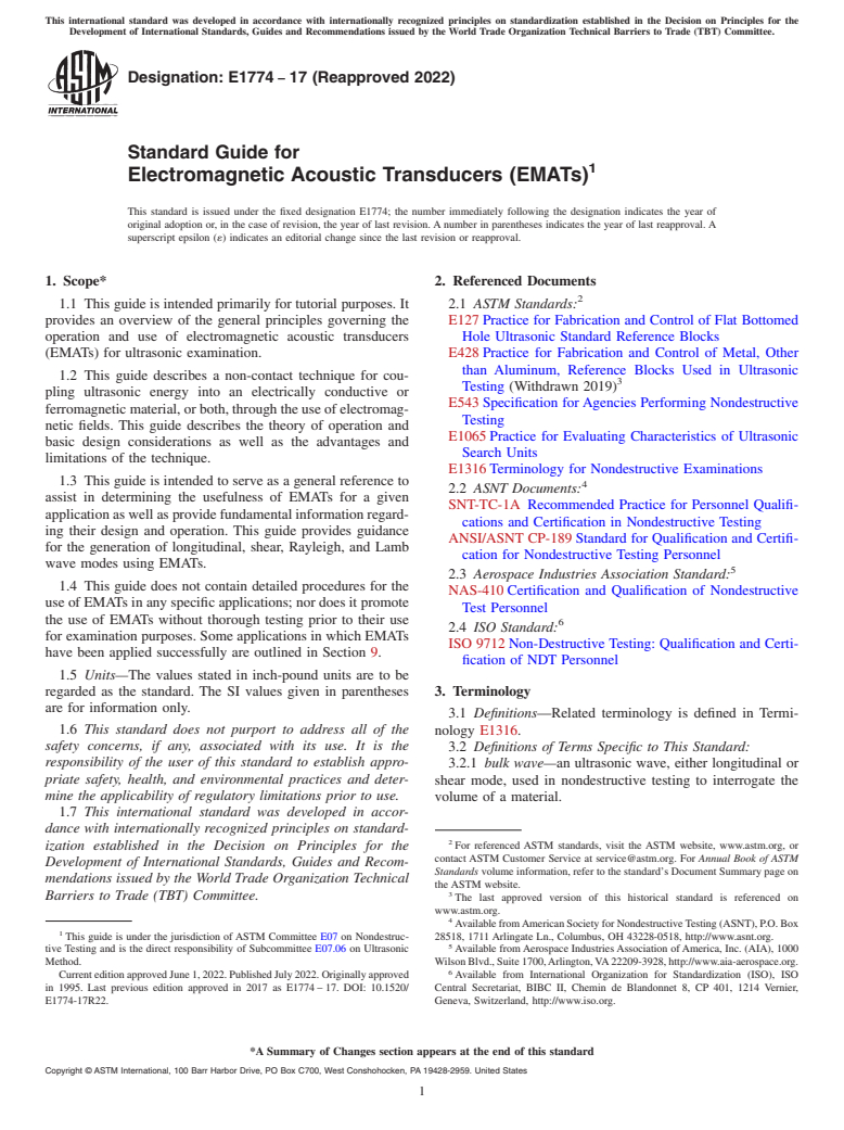 ASTM E1774-17(2022) - Standard Guide for  Electromagnetic Acoustic Transducers (EMATs)