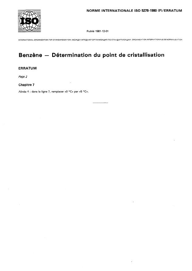 ISO 5278:1980 - Benzene -- Détermination du point de cristallisation