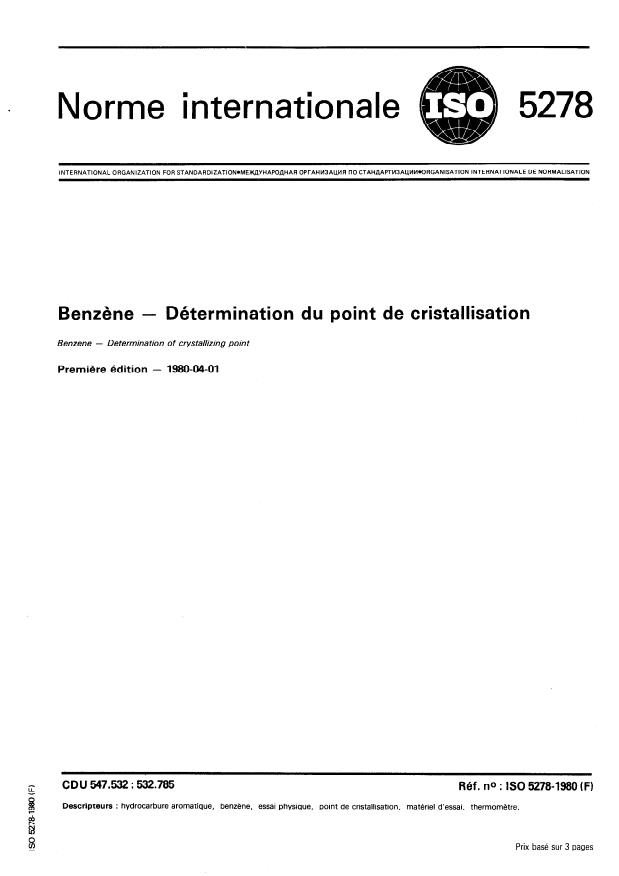 ISO 5278:1980 - Benzene -- Détermination du point de cristallisation