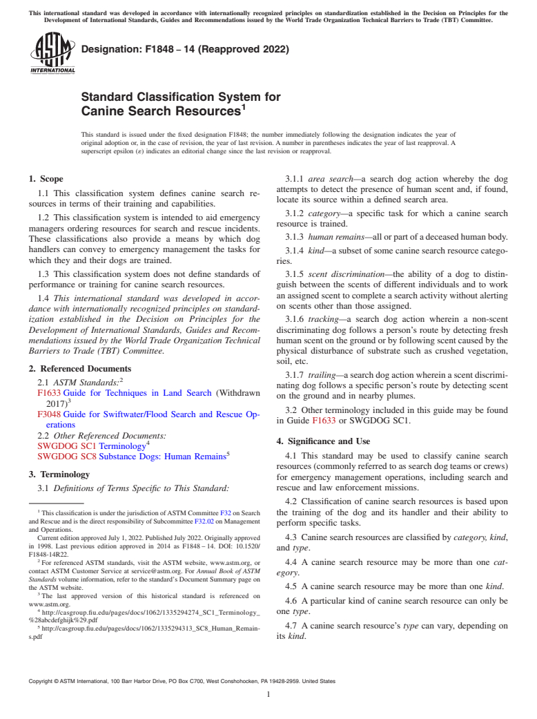 ASTM F1848-14(2022) - Standard Classification System for  Canine Search Resources