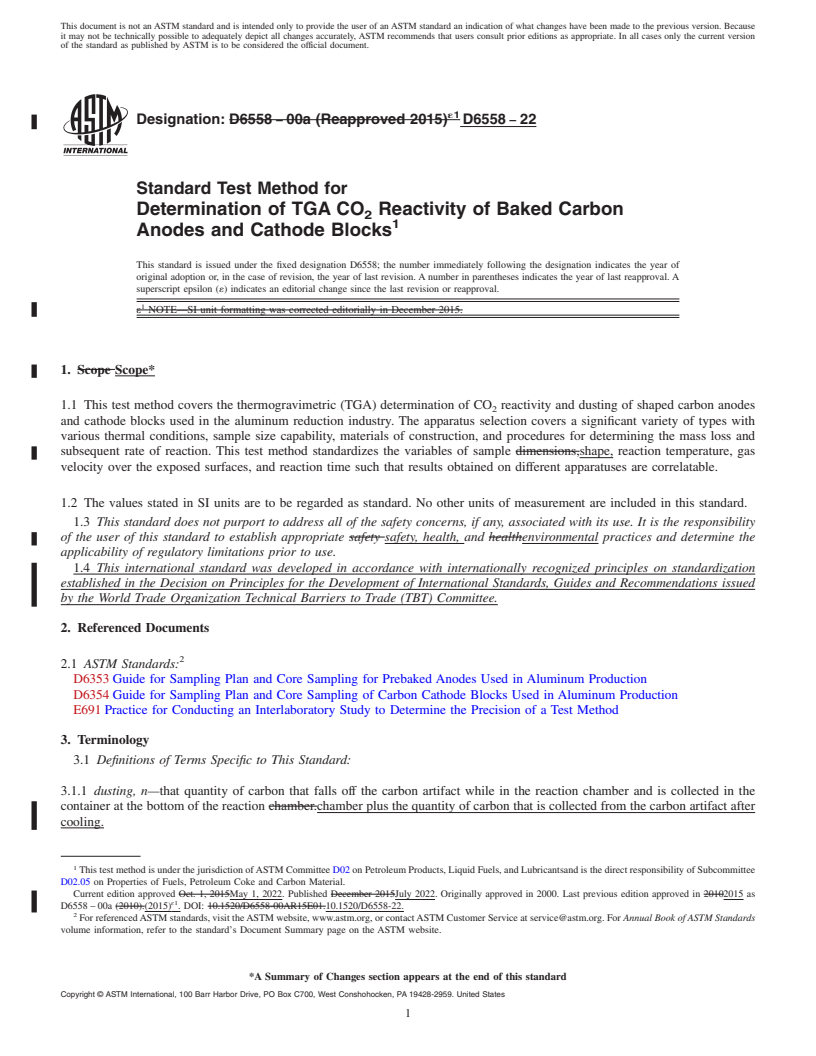 REDLINE ASTM D6558-22 - Standard Test Method for  Determination of TGA CO<inf>2</inf> Reactivity of Baked Carbon   Anodes and Cathode Blocks