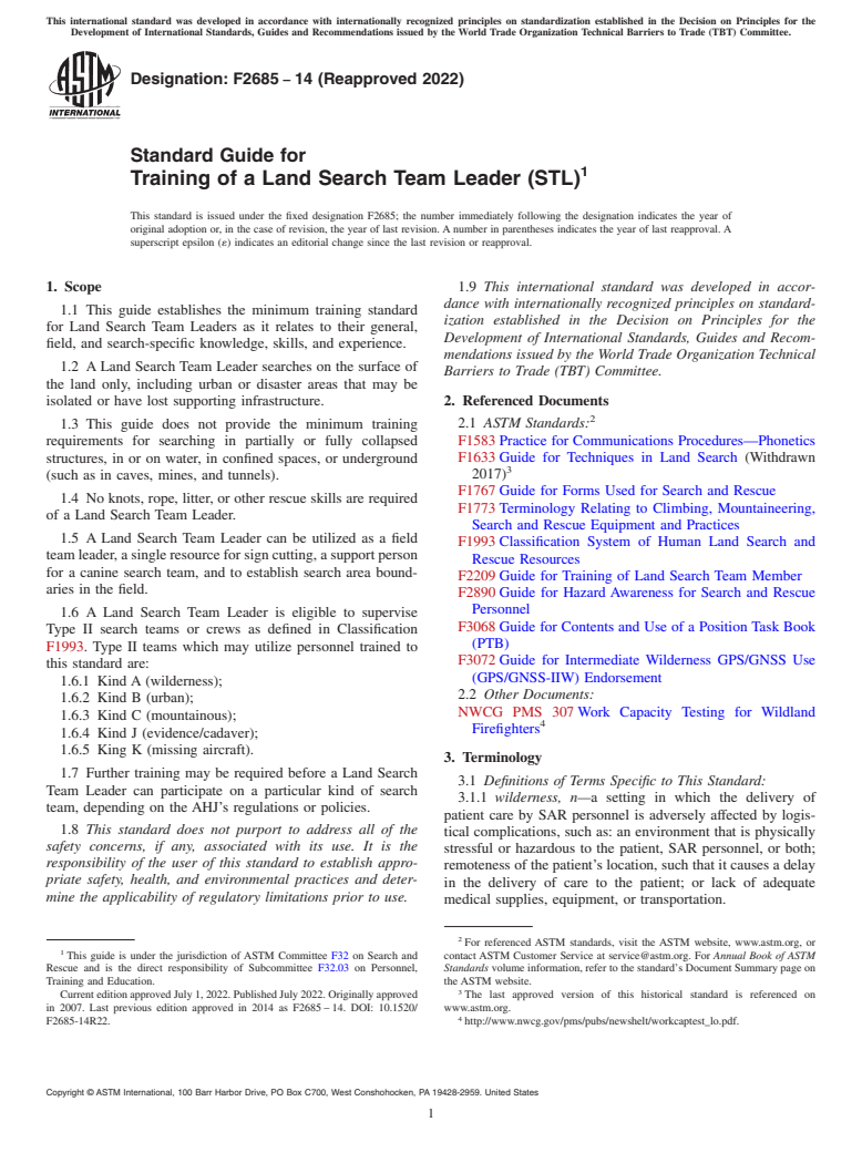 ASTM F2685-14(2022) - Standard Guide for Training of a Land Search Team Leader (STL)