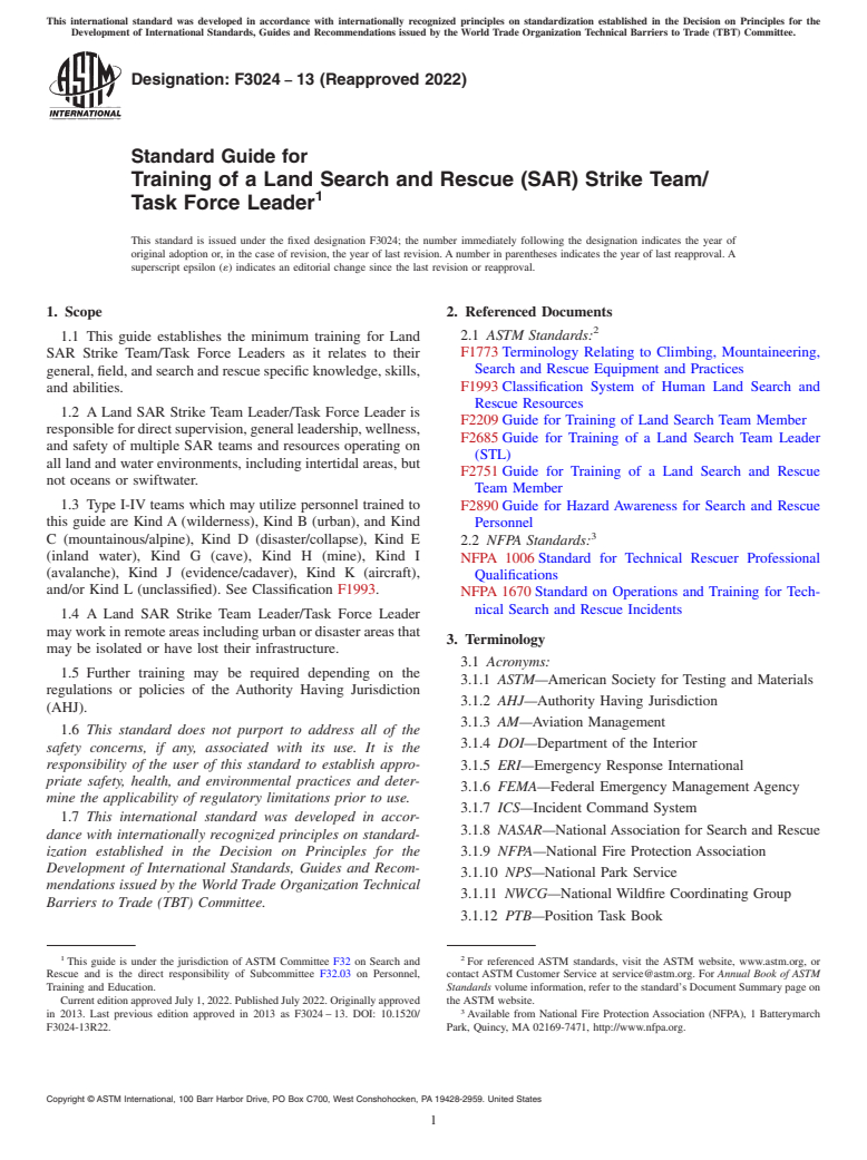 ASTM F3024-13(2022) - Standard Guide for Training of a Land Search and Rescue (SAR) Strike Team/Task  Force Leader