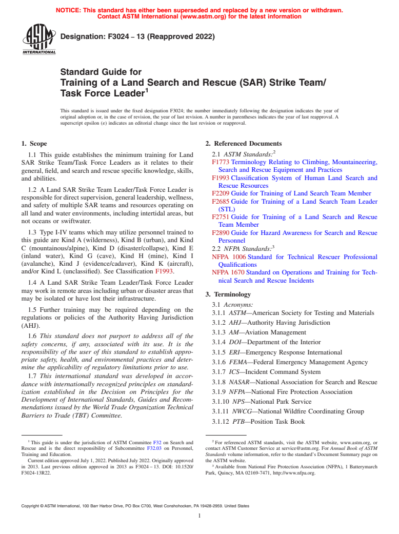 ASTM F3024-13(2022) - Standard Guide for Training of a Land Search and Rescue (SAR) Strike Team/Task  Force Leader