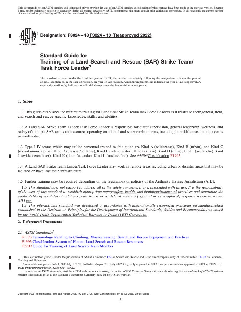 REDLINE ASTM F3024-13(2022) - Standard Guide for Training of a Land Search and Rescue (SAR) Strike Team/Task  Force Leader