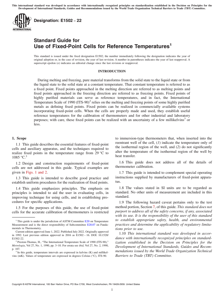 ASTM E1502-22 - Standard Guide for  Use of Fixed-Point Cells for Reference Temperatures