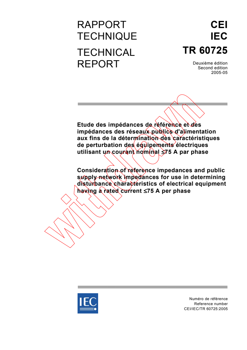 IEC TR 60725:2005 - Consideration of reference impedances and public supply network impedances for use in determining disturbance characteristics of electrical equipment having a rated current = < 75 A per phase
Released:5/30/2005
Isbn:2831880149