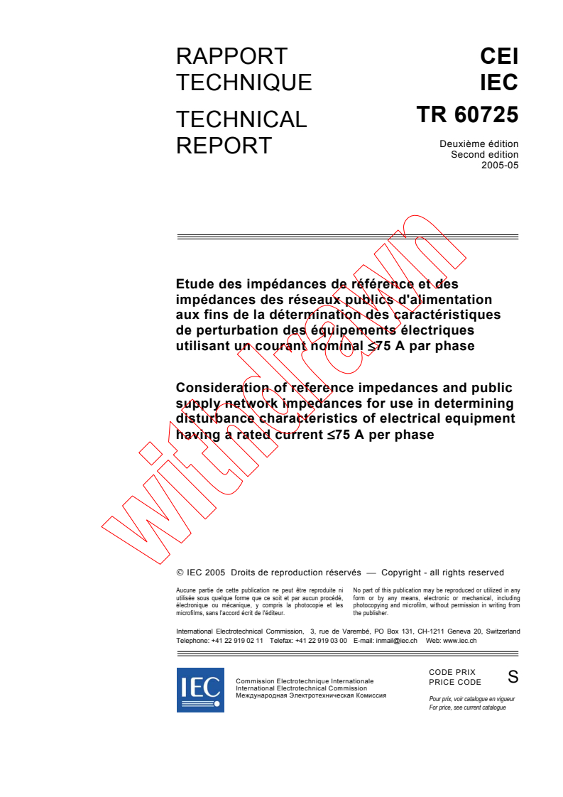 IEC TR 60725:2005 - Consideration of reference impedances and public supply network impedances for use in determining disturbance characteristics of electrical equipment having a rated current = < 75 A per phase
Released:5/30/2005
Isbn:2831880149