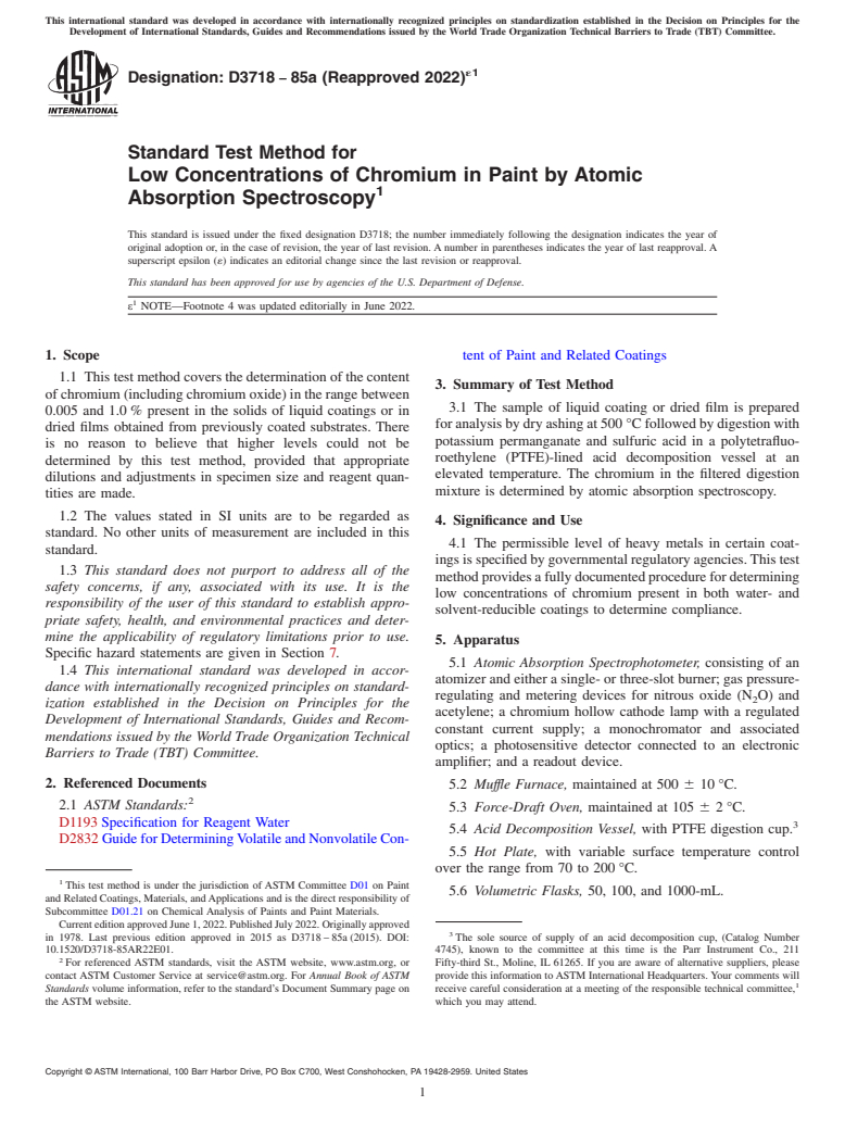 ASTM D3718-85A(2022)e1 - Standard Test Method for Low Concentrations of Chromium in Paint by Atomic Absorption   Spectroscopy