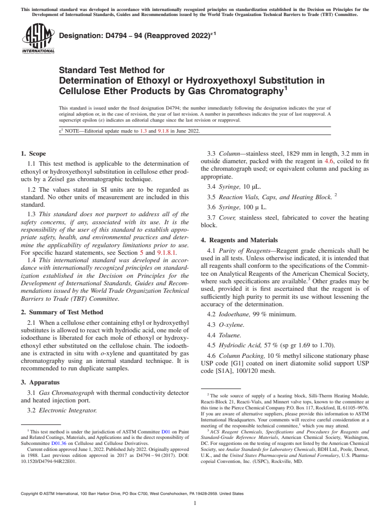 ASTM D4794-94(2022)e1 - Standard Test Method for Determination of Ethoxyl or Hydroxyethoxyl Substitution in   Cellulose  Ether Products by Gas Chromatography