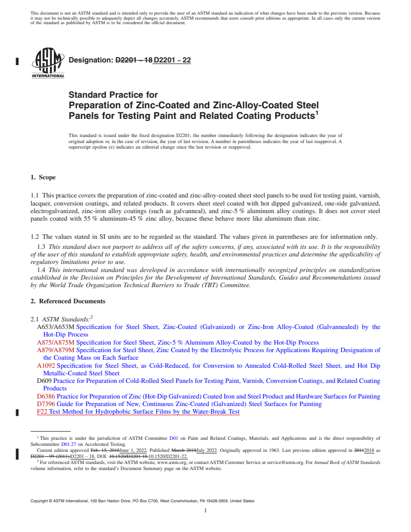 REDLINE ASTM D2201-22 - Standard Practice for Preparation of Zinc-Coated and Zinc-Alloy-Coated Steel Panels   for Testing   Paint and Related Coating Products