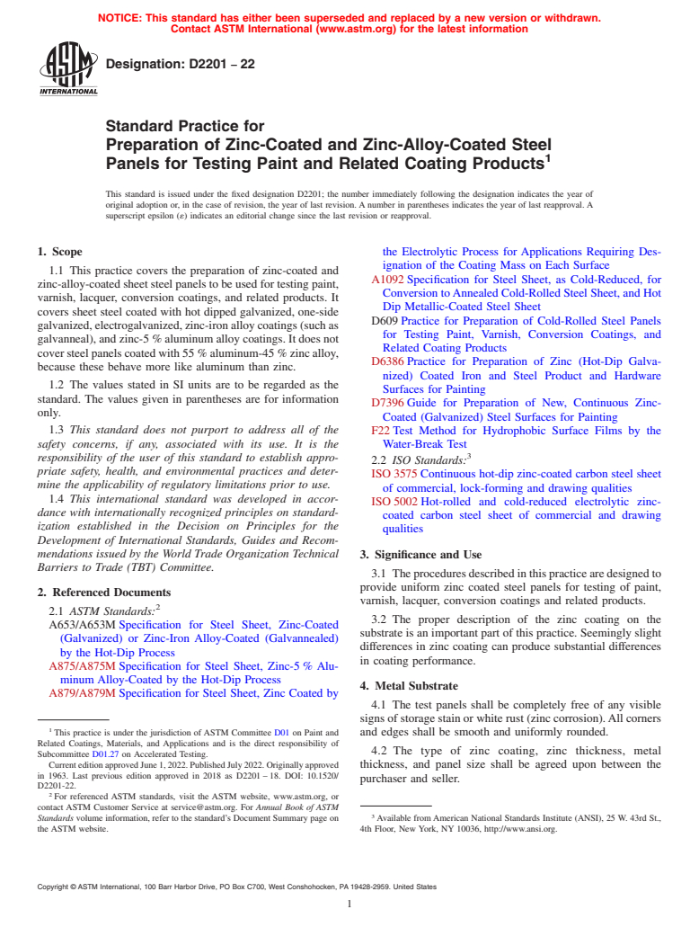 ASTM D2201-22 - Standard Practice for Preparation of Zinc-Coated and Zinc-Alloy-Coated Steel Panels   for Testing   Paint and Related Coating Products